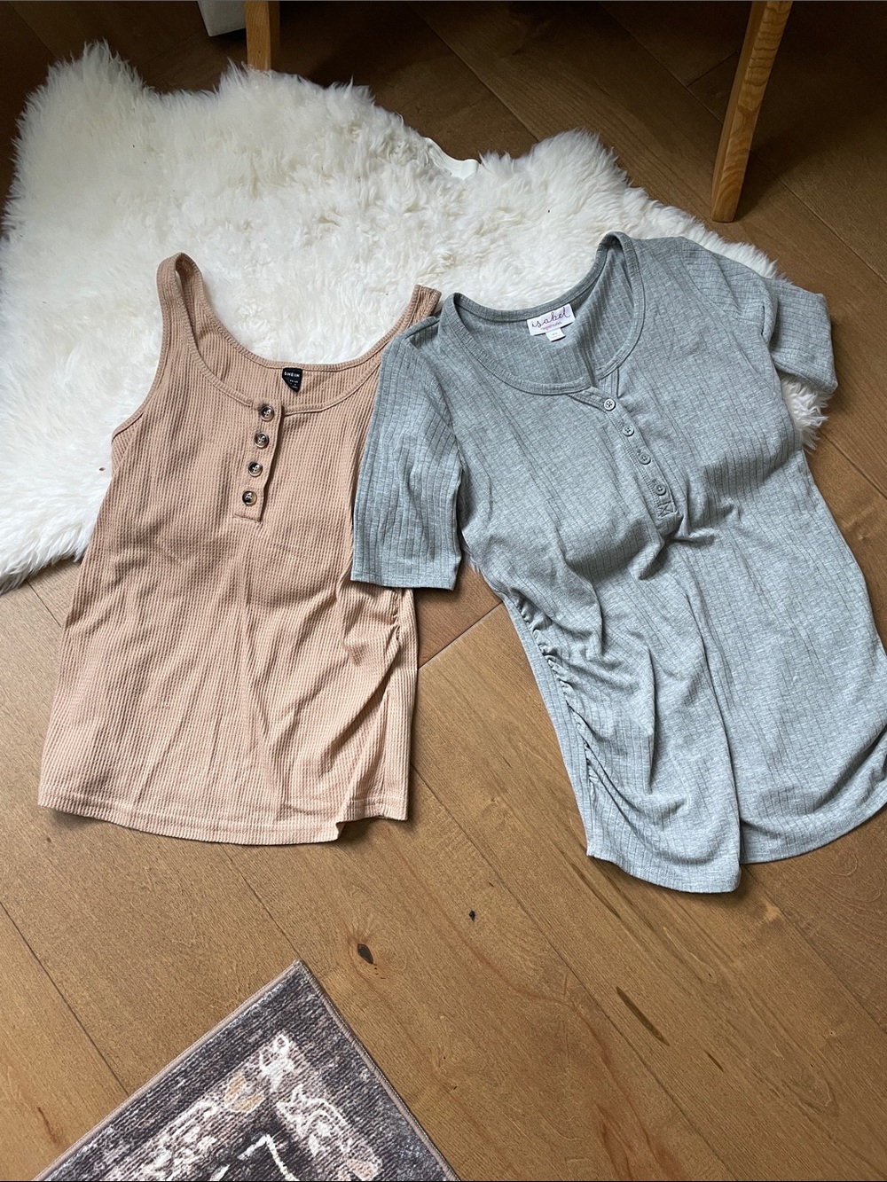 Maternity Ribbed Tank & Short-Sleeve Henley Duo - Beige Tank, Gray Henley